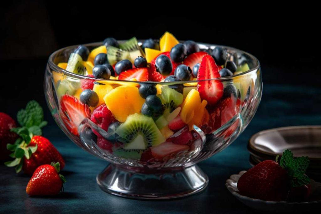 The Best Fruit Salad in a bowl with black background.